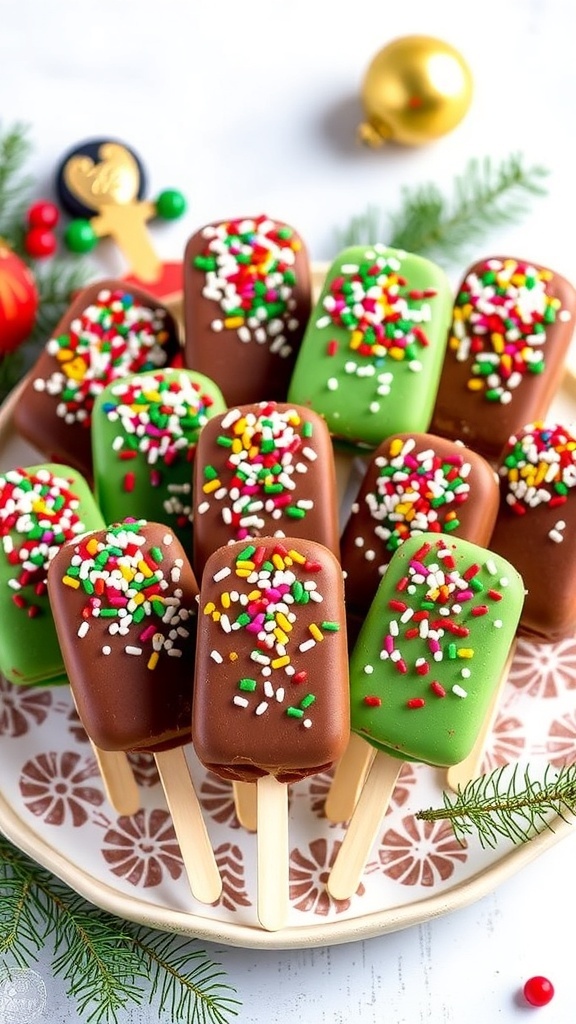 Colorful Christmas cake popsicles coated in chocolate with sprinkles, displayed on a festive platter.
